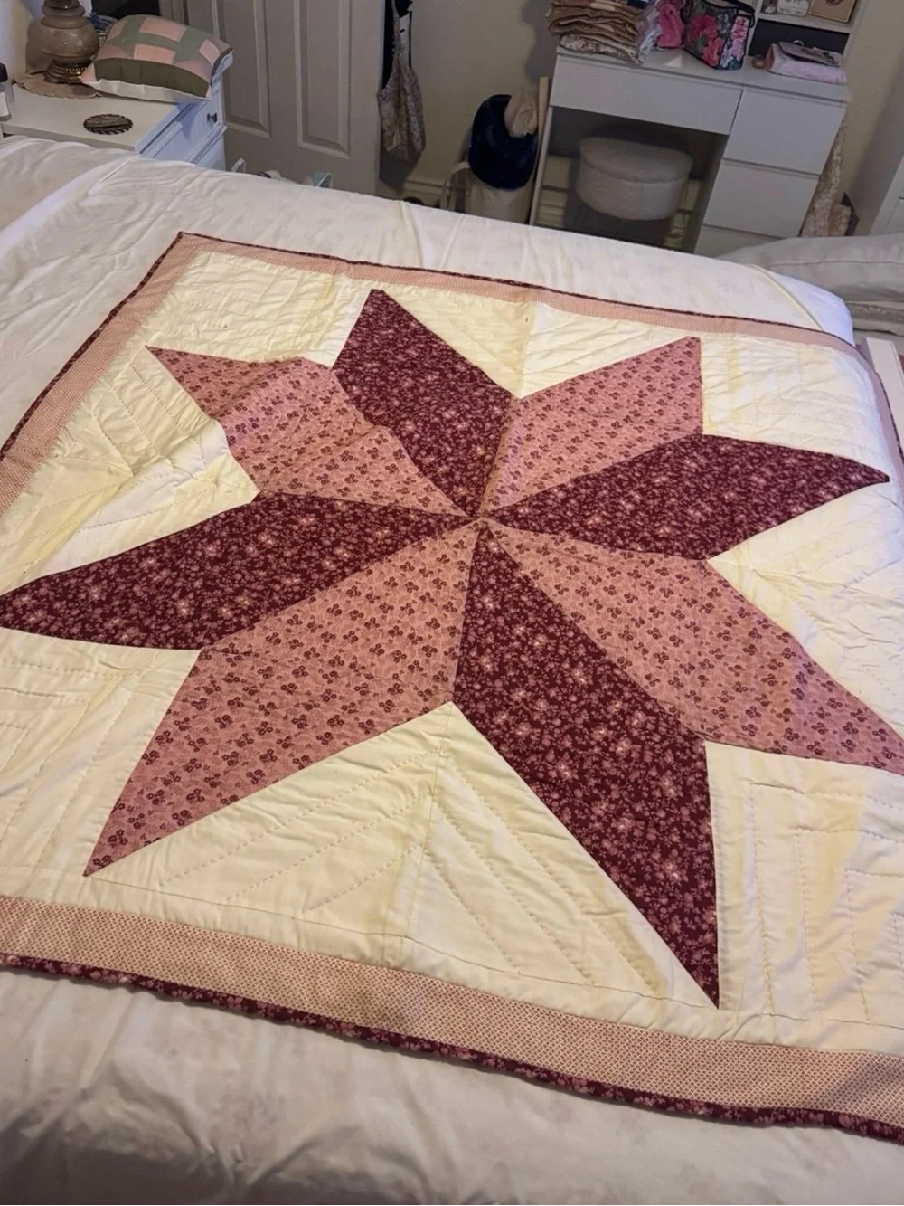 Handmade Star Patchwork Quilt in Pink and Deep Rose
